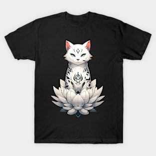 White cat with flower tattoo in lotus T-Shirt